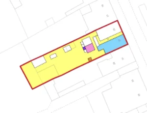 Figure 2 A Scottish cadastral map of a flatted property with the tenement steading edged in red the flat tinted in blue and pertinents in pink brown mauve and yellow tints.